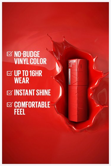 Maybelline Super Stay® Vinyl Ink® "Longwear Liquid Lipcolor
Budge-resistant vinyl colour. Up to 16 hour wear