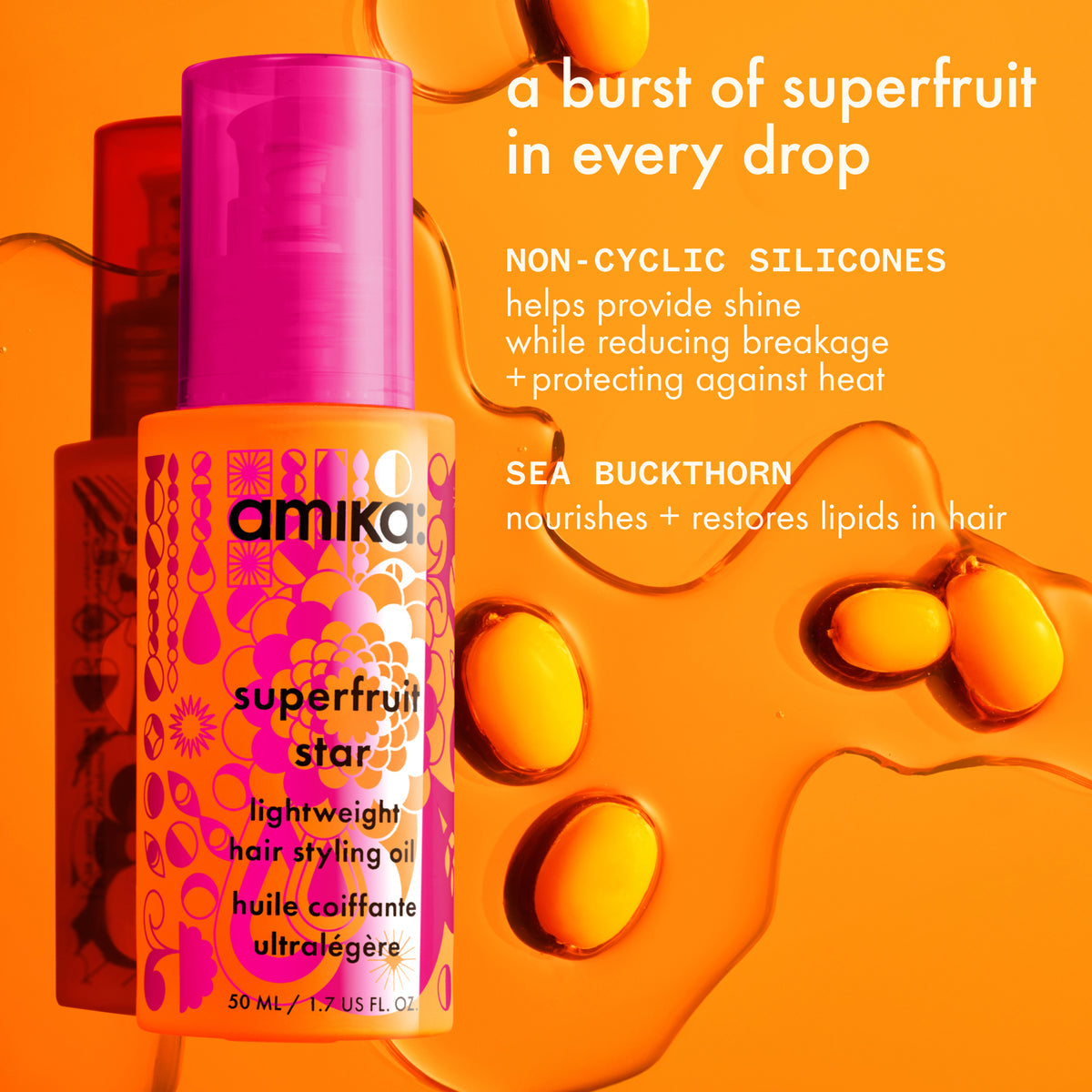Amika superfruit star
lightweight hair styling + heat defense oil size 50 ml