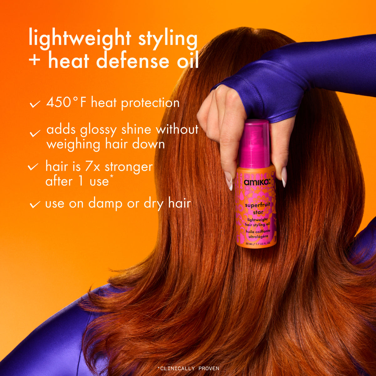 Amika superfruit star
lightweight hair styling + heat defense oil size 50 ml