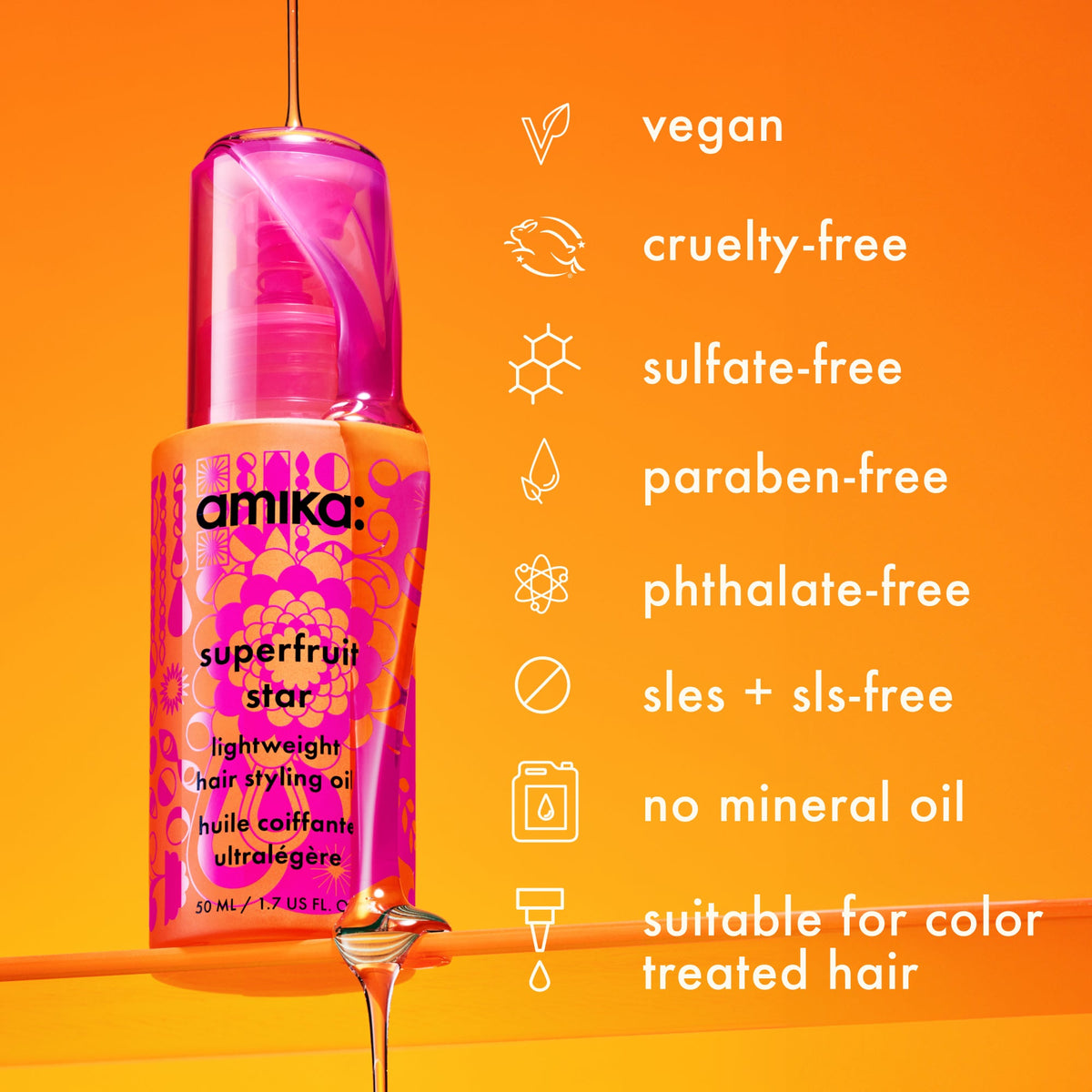Amika superfruit star
lightweight hair styling + heat defense oil size 50 ml